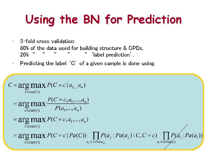 Using the BN for Prediction • • 5 -fold cross validation: 80% of the