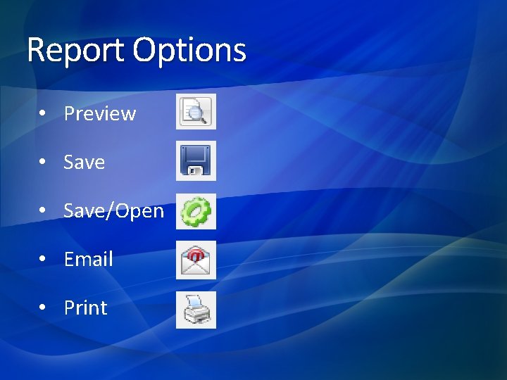 Report Options • Preview • Save/Open • Email • Print 