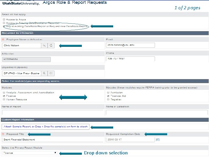 1 of 2 pages Drop down selection 