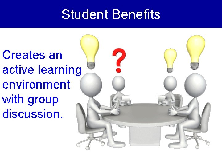 Student Benefits Creates an active learning environment with group discussion. 