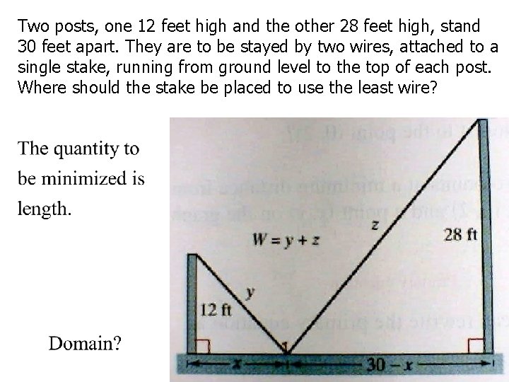 Two posts, one 12 feet high and the other 28 feet high, stand 30