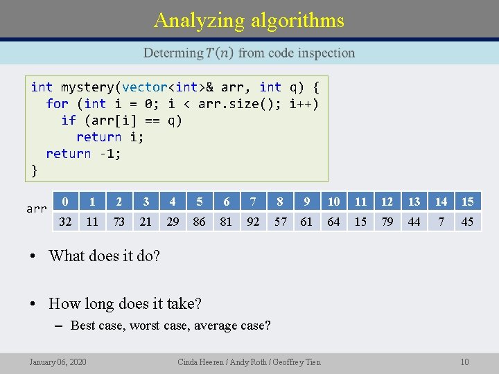 Analyzing algorithms int mystery(vector<int>& arr, int q) { for (int i = 0; i