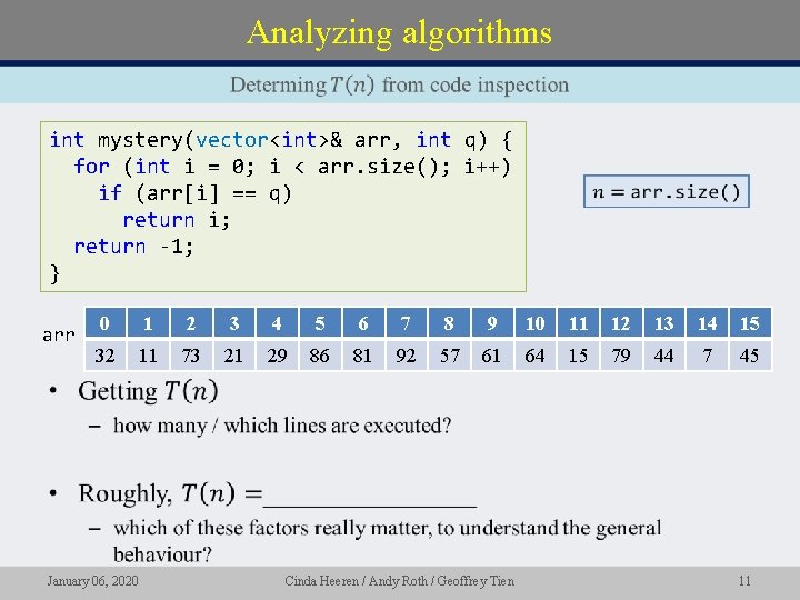 Analyzing algorithms int mystery(vector<int>& arr, int q) { for (int i = 0; i