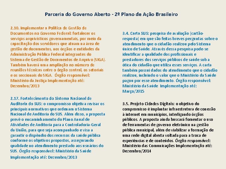 Parceria do Governo Aberto - 2º Plano de Ação Brasileiro 2. 10. Implementar a