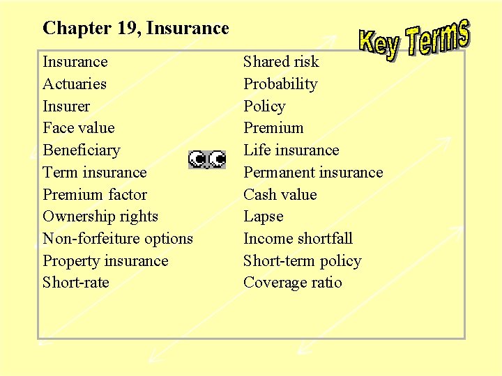 Chapter 19, Insurance Actuaries Insurer Face value Beneficiary Term insurance Premium factor Ownership rights