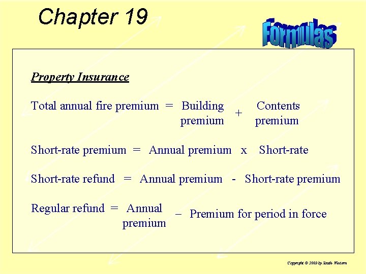 Chapter 19 Property Insurance Total annual fire premium = Building + premium Short-rate premium