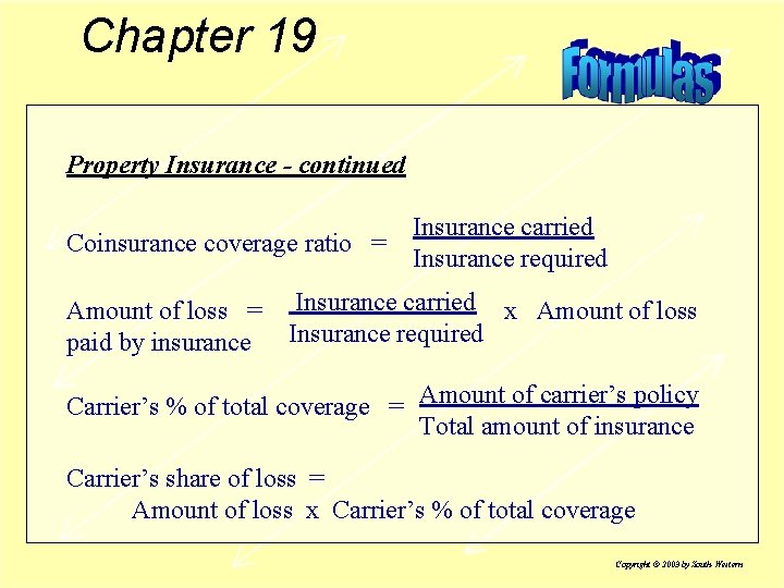 Chapter 19 Property Insurance - continued Coinsurance coverage ratio = Amount of loss =