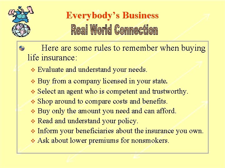 Everybody’s Business Here are some rules to remember when buying life insurance: v Evaluate