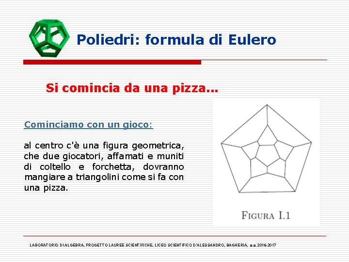 Poliedri: formula di Eulero Si comincia da una pizza. . . Cominciamo con un