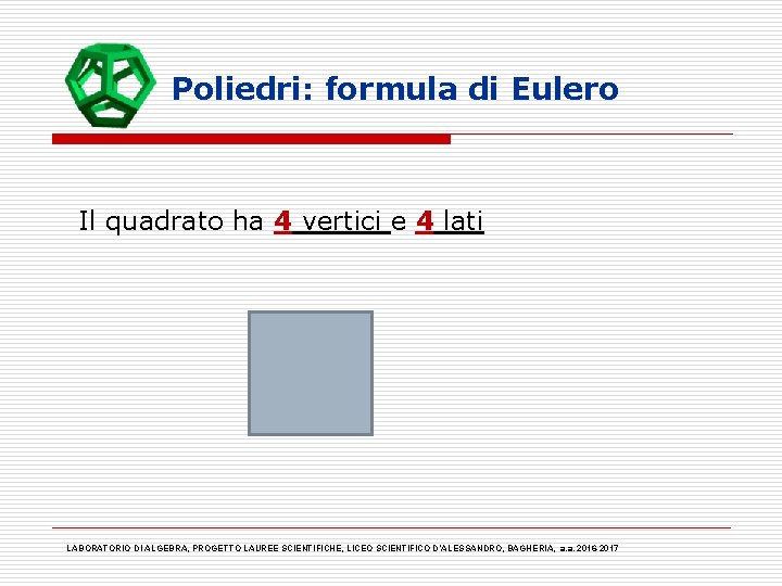 Poliedri: formula di Eulero Il quadrato ha 4 vertici e 4 lati LABORATORIO DI