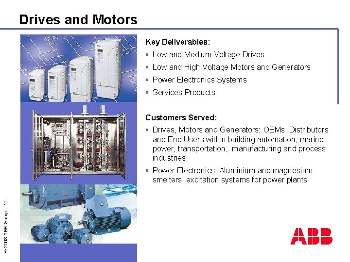 Drives and Motors Key Deliverables: § Low and Medium Voltage Drives § Low and