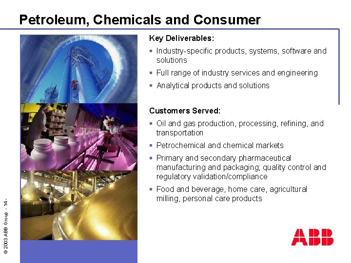 Petroleum, Chemicals and Consumer Key Deliverables: § Industry-specific products, systems, software and solutions §