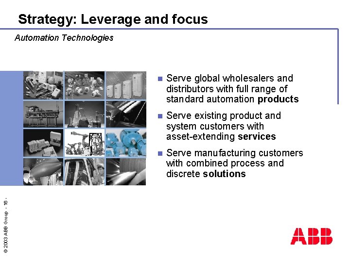 Strategy: Leverage and focus © 2003 ABB Group - 16 - Automation Technologies n