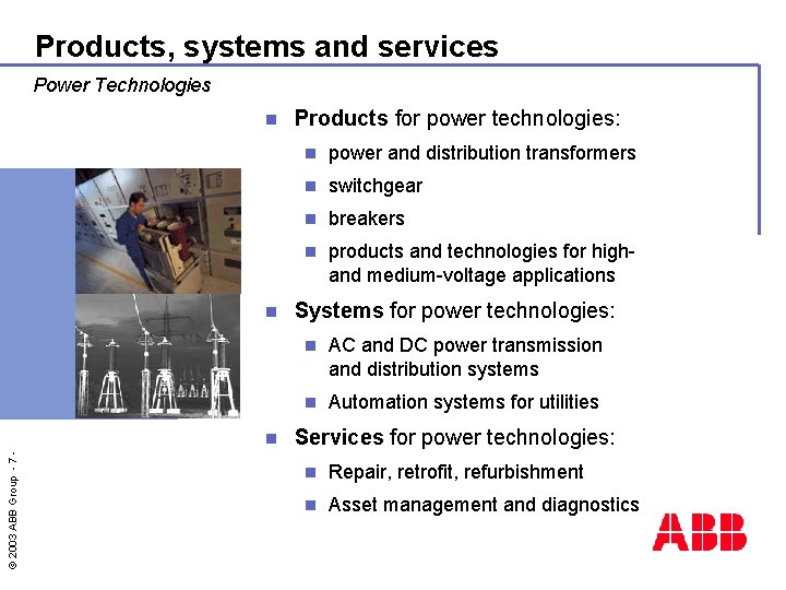 Products, systems and services Power Technologies n n © 2003 ABB Group - 7