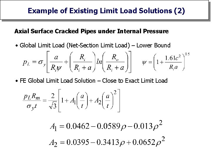 Example of Existing Limit Load Solutions (2) Axial Surface Cracked Pipes under Internal Pressure