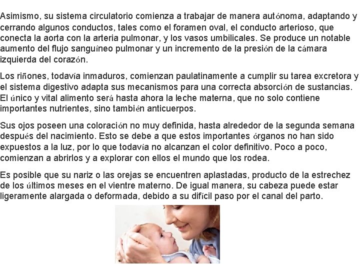Asimismo, su sistema circulatorio comienza a trabajar de manera autónoma, adaptando y cerrando algunos
