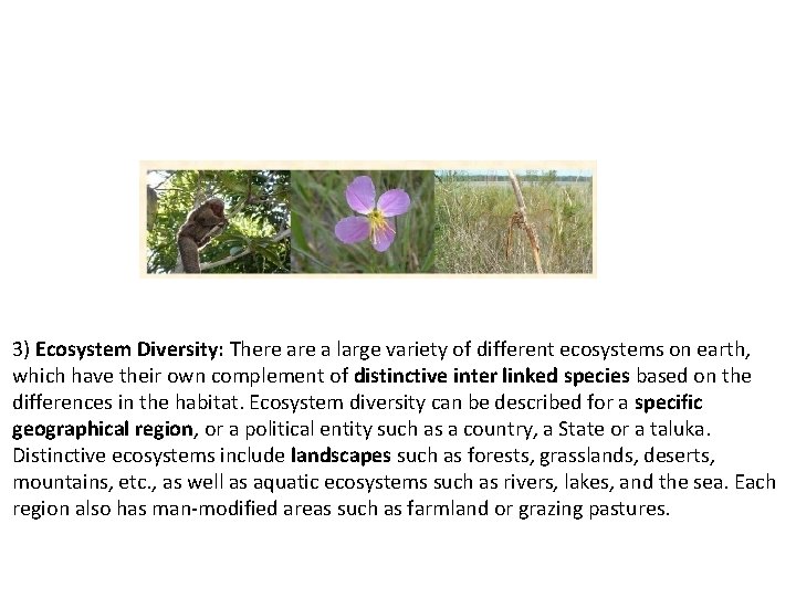 3) Ecosystem Diversity: There a large variety of different ecosystems on earth, which have