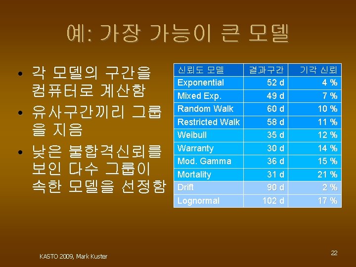 예: 가장 가능이 큰 모델 • 각 모델의 구간을 컴퓨터로 계산함 • 유사구간끼리 그룹