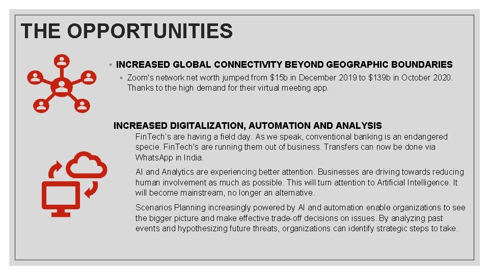 THE OPPORTUNITIES ◦ INCREASED GLOBAL CONNECTIVITY BEYOND GEOGRAPHIC BOUNDARIES ◦ Zoom's network net worth