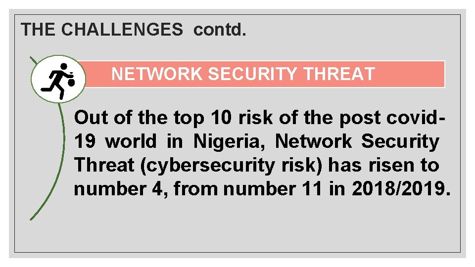 THE CHALLENGES contd. NETWORK SECURITY THREAT Out of the top 10 risk of the