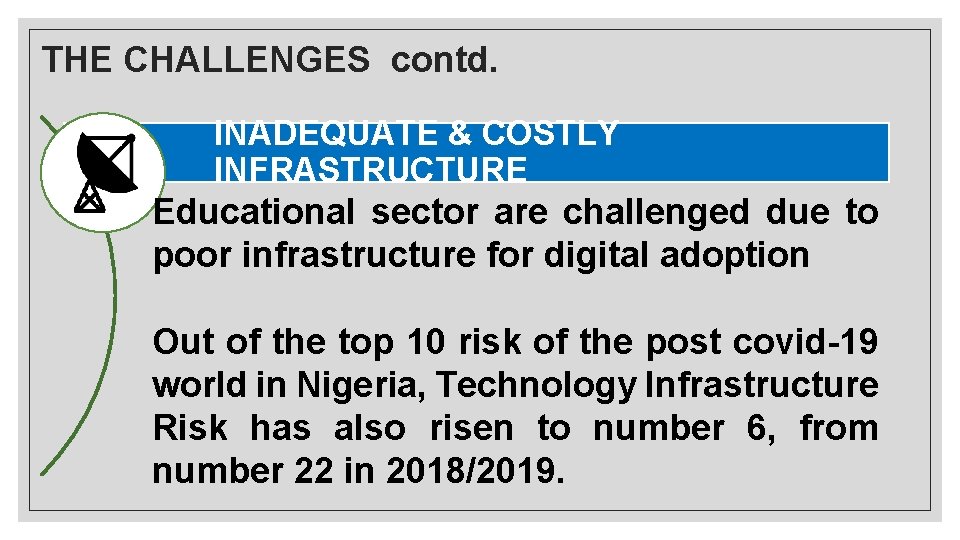 THE CHALLENGES contd. INADEQUATE & COSTLY INFRASTRUCTURE Educational sector are challenged due to poor