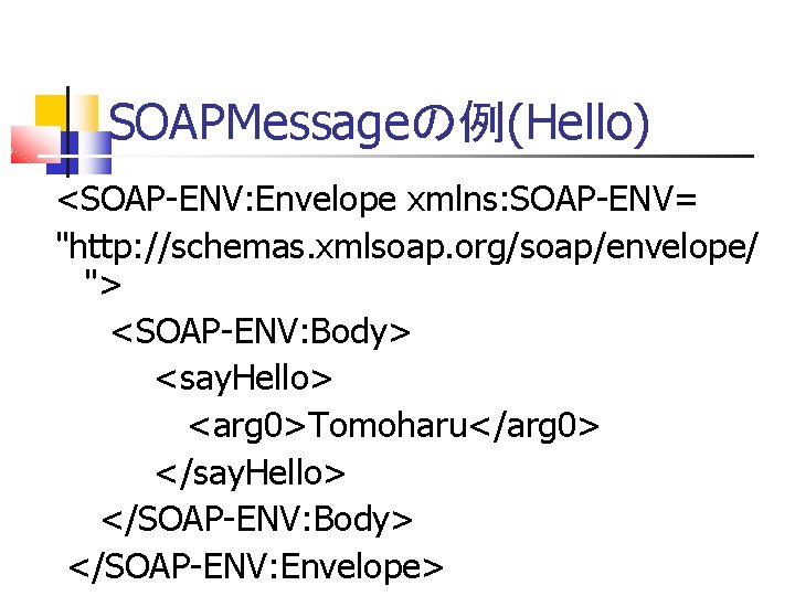 SOAPMessageの例(Hello) <SOAP-ENV: Envelope xmlns: SOAP-ENV= "http: //schemas. xmlsoap. org/soap/envelope/ "> <SOAP-ENV: Body> <say. Hello>