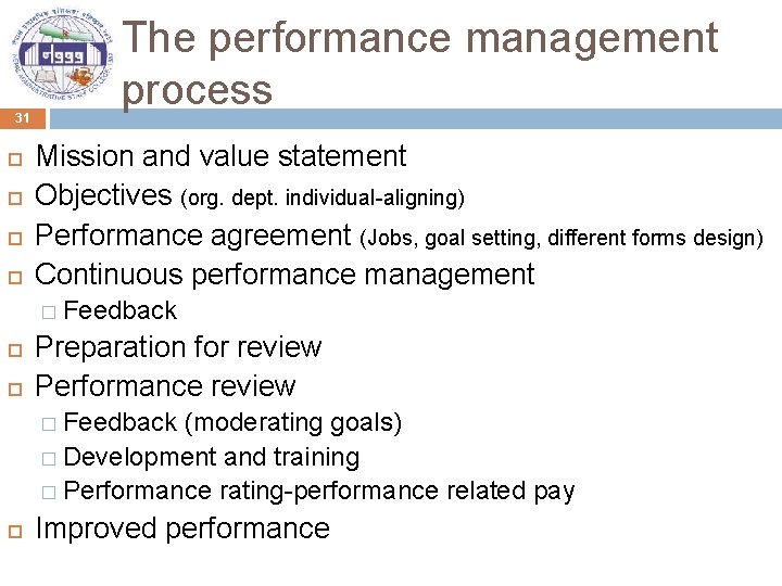 31 The performance management process Mission and value statement Objectives (org. dept. individual-aligning) Performance