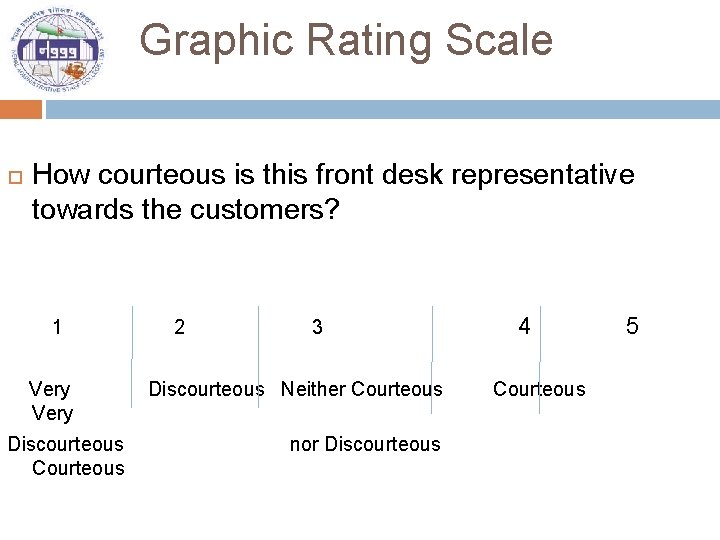 Graphic Rating Scale How courteous is this front desk representative towards the customers? 1