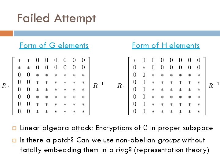 Failed Attempt Form of G elements Form of H elements Linear algebra attack: Encryptions