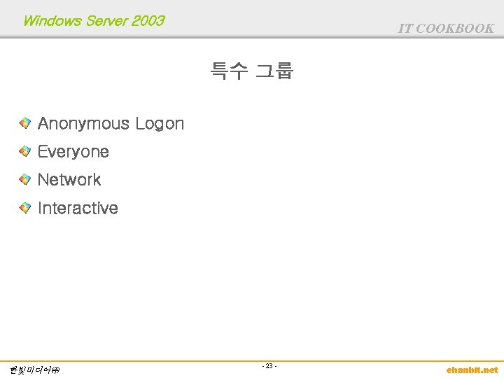 Windows Server 2003 IT COOKBOOK 특수 그룹 Anonymous Logon Everyone Network Interactive 한빛미디어㈜ -