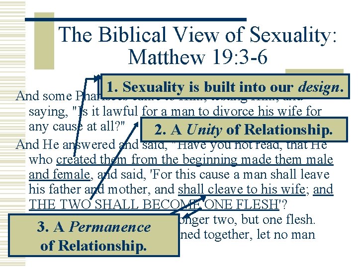 The Biblical View of Sexuality: Matthew 19: 3 -6 1. Sexuality is built into