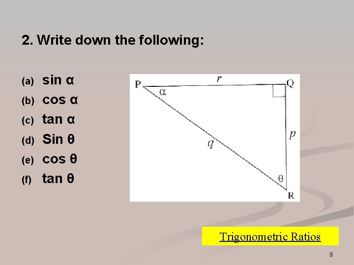 2. Write down the following: (a) (b) (c) (d) (e) (f) sin α cos 2. Write down the following: (a) (b) (c) (d) (e) (f) sin α cos
