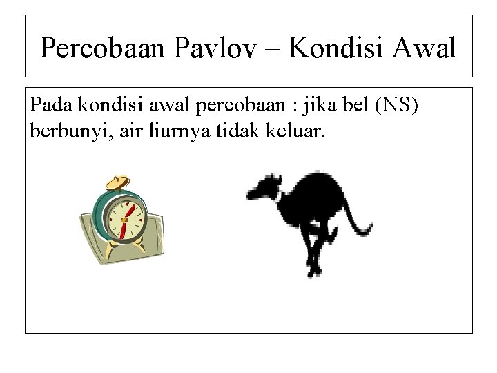 Percobaan Pavlov – Kondisi Awal Pada kondisi awal percobaan : jika bel (NS) berbunyi,