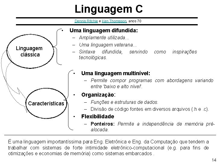 Linguagem C Dennis Ritchie e Ken Thompson, anos 70 • Linguagem clássica Uma linguagem