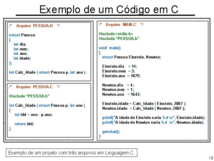 Exemplo de um Código em C /* Arquivo PESSOA. H */ /* void main()