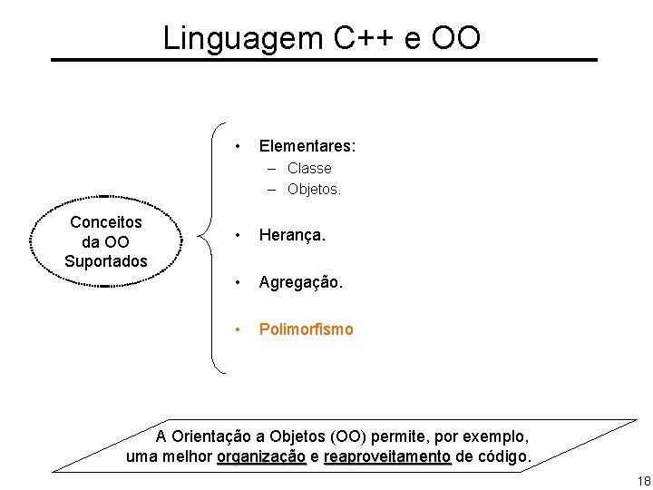 Linguagem C++ e OO • Elementares: – Classe – Objetos. Conceitos da OO Suportados