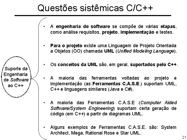 Questões sistêmicas C/C++ Suporte da Engenharia de Software ao C++ • A engenharia de