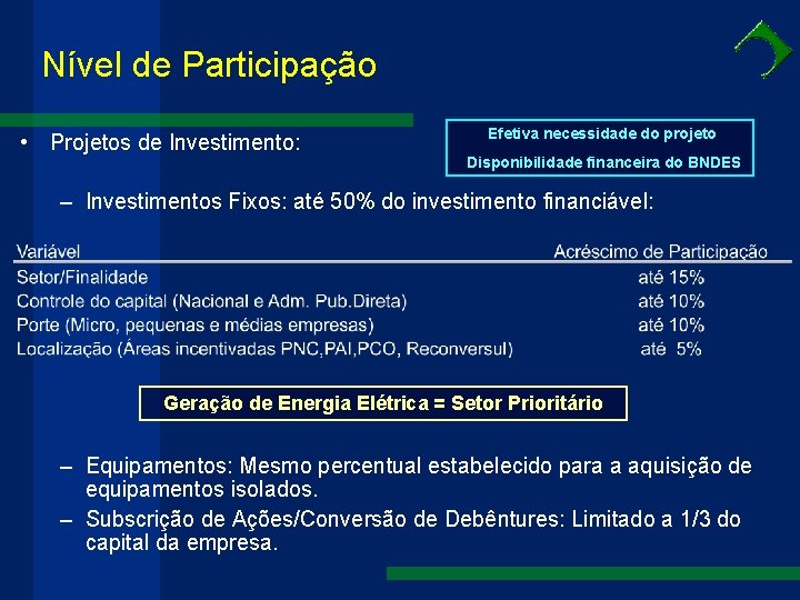 Nível de Participação • Projetos de Investimento: Efetiva necessidade do projeto Disponibilidade financeira do