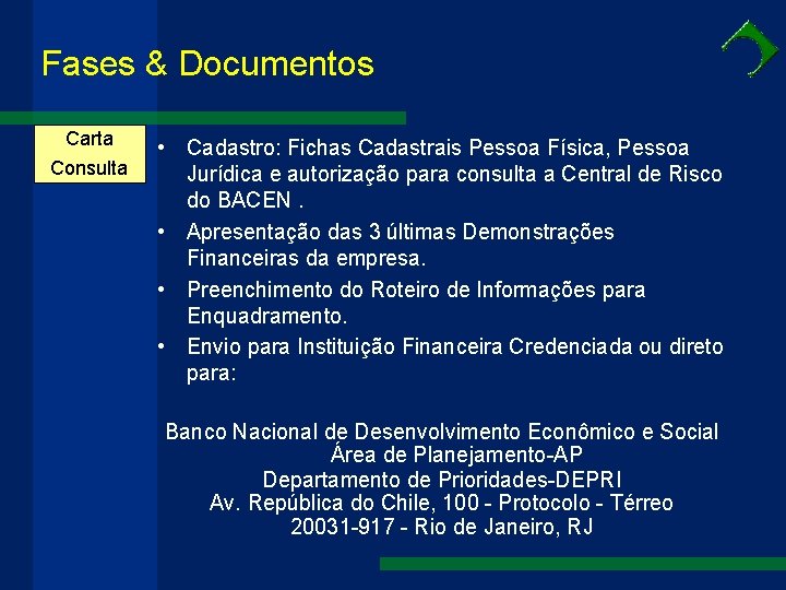 Fases & Documentos Carta Consulta • Cadastro: Fichas Cadastrais Pessoa Física, Pessoa Jurídica e