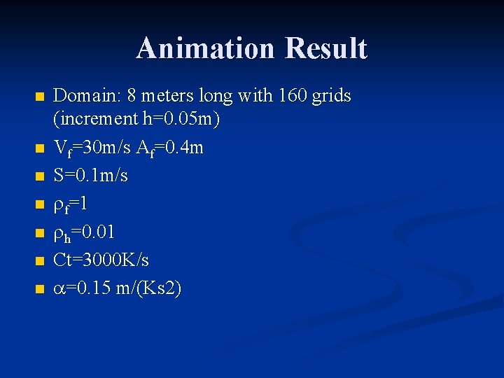Animation Result n n n n Domain: 8 meters long with 160 grids (increment