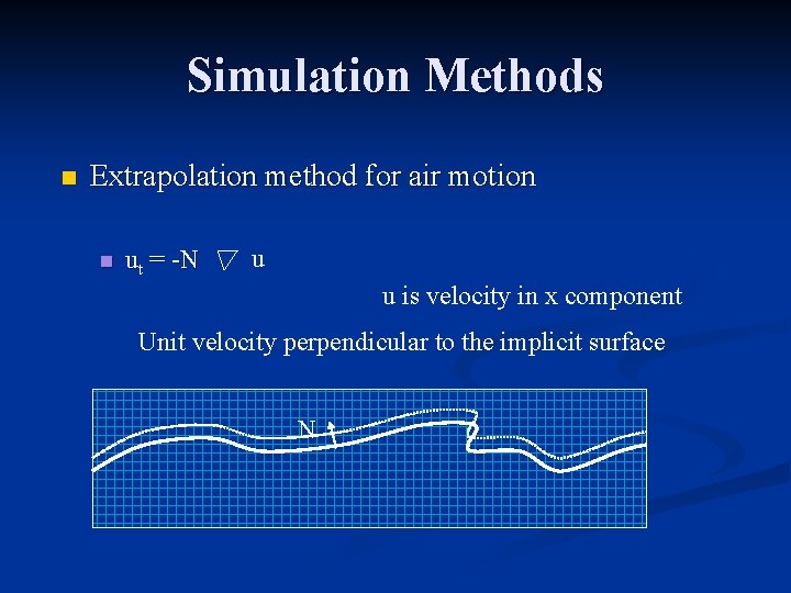 Simulation Methods n Extrapolation method for air motion n ut = -N u u