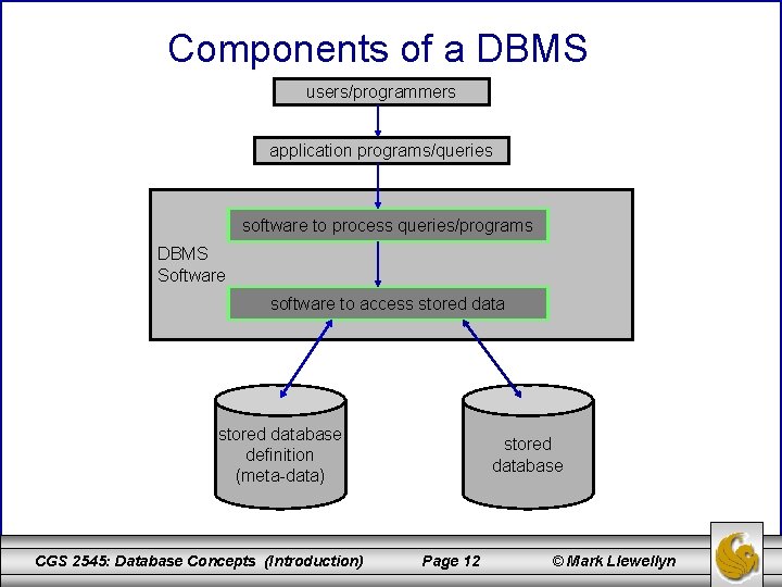 Components of a DBMS users/programmers application programs/queries software to process queries/programs DBMS Software software