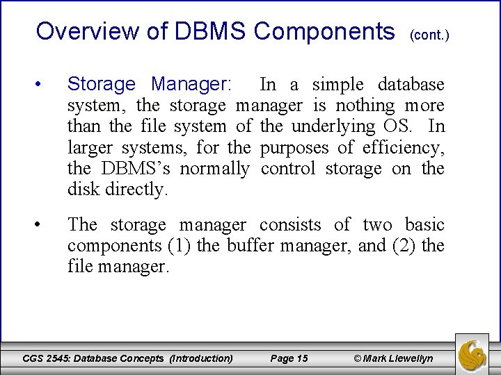 Overview of DBMS Components (cont. ) • Storage Manager: In a simple database system,