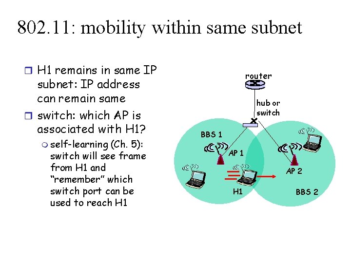 802. 11: mobility within same subnet r H 1 remains in same IP subnet: