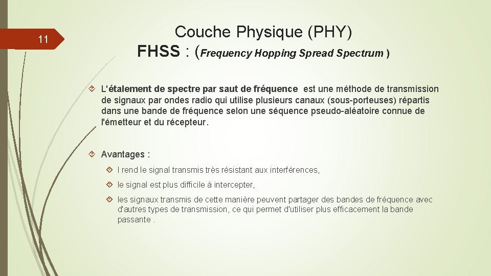 11 Couche Physique (PHY) FHSS : (Frequency Hopping Spread Spectrum ) L'étalement de spectre