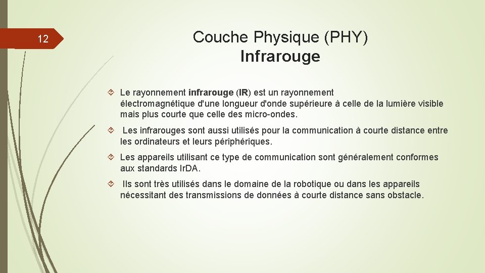 12 Couche Physique (PHY) Infrarouge Le rayonnement infrarouge (IR) est un rayonnement électromagnétique d'une