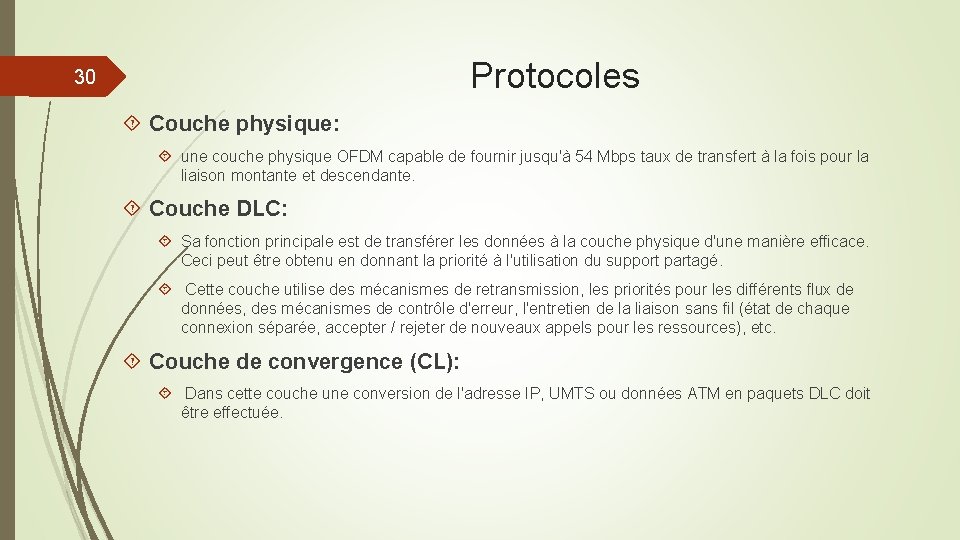 Protocoles 30 Couche physique: une couche physique OFDM capable de fournir jusqu'à 54 Mbps