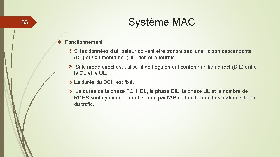 Système MAC 33 Fonctionnement : Si les données d'utilisateur doivent être transmises, une liaison