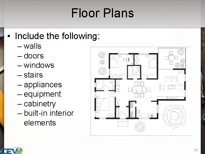 Floor Plans • Include the following: – walls – doors – windows – stairs