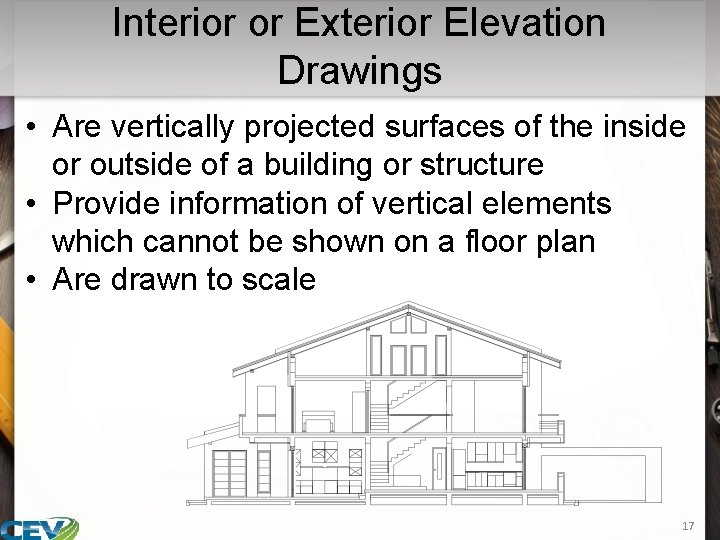 Interior or Exterior Elevation Drawings • Are vertically projected surfaces of the inside or